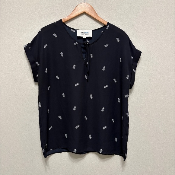 Alice Blue Tillie Tie Neck Pineapple Print Blouse, Navy & White, XL - Picture 2 of 8